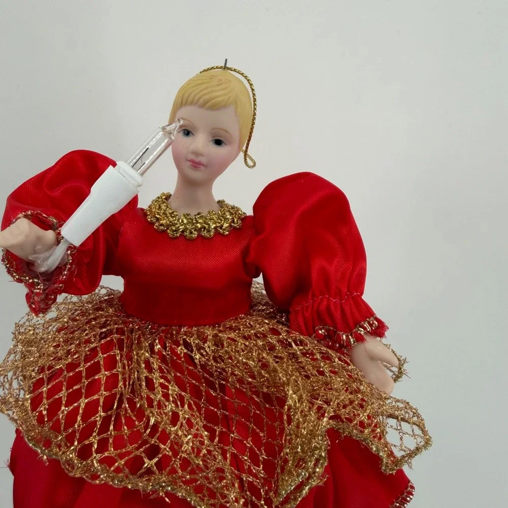 Vintage Ballerina Doll Christmas Ornament Red Gown Gold Trim Holding‎ Light